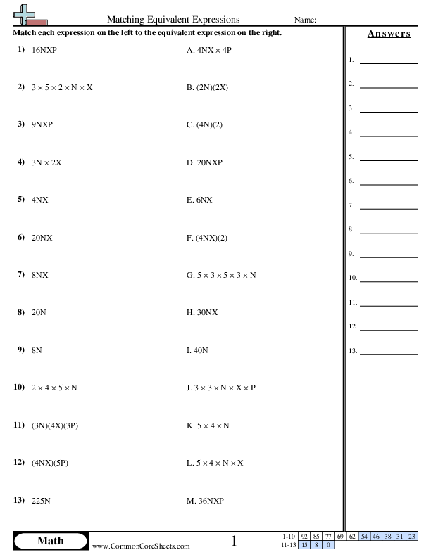 Matching Equivalent Expressions worksheet